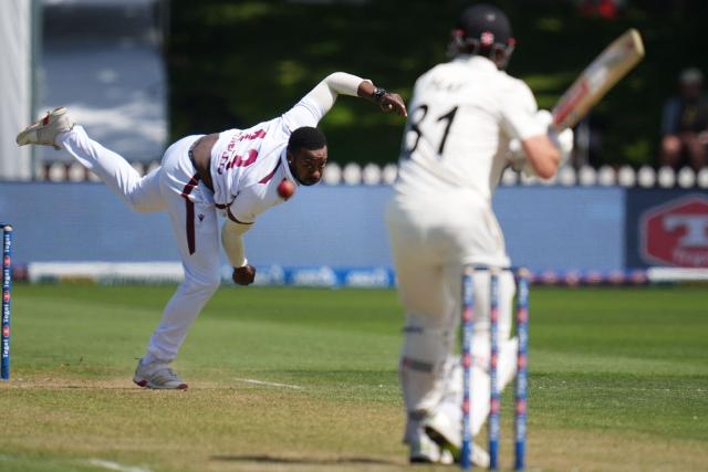 West Indies' Ojay Shields bowls during day two of the 2nd international Test cricket match between New Zealand and West Indies at the Basin reserve in Wellington on December 11, 2025. (Photo by Marty MELVILLE / AFP)