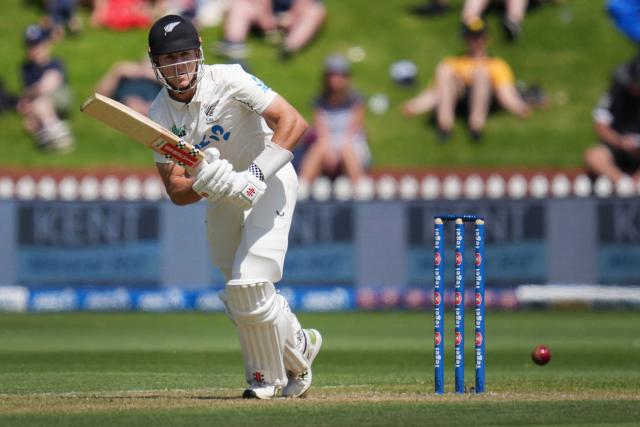 New Zealand's Mitchell Hay plays a shot during day two of the 2nd international Test cricket match between New Zealand and West Indies at the Basin reserve in Wellington on December 11, 2025. (Photo by Marty MELVILLE / AFP)
