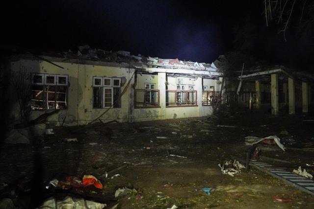 This picture taken on December 10, 2025 shows a hospital damaged in a Myanmar military air strike that killed more than 30 people in Mrauk U, western Rakhine state. A Myanmar military air strike killed more than 30 people at a hospital, an on-site aid worker said on December 11, 2025 as the junta wages a withering offensive ahead of elections beginning this month. (Photo by AFP)