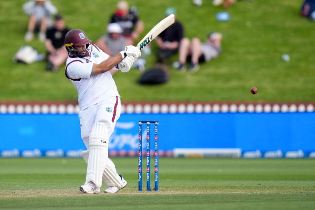 West Indies Brandon King plays a shot during day two of the 2nd international Test cricket match between New Zealand and West Indies at the Basin reserve in Wellington on December 11, 2025. (Photo by Marty MELVILLE / AFP)