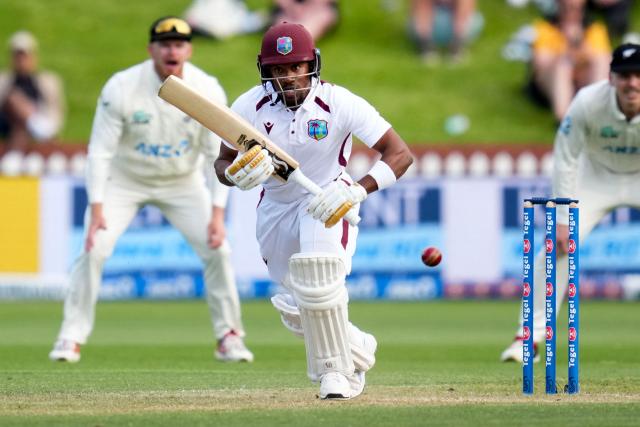 West Indies' Kavem Hodge plays a shot during day two of the 2nd international Test cricket match between New Zealand and West Indies at the Basin reserve in Wellington on December 11, 2025. (Photo by Marty MELVILLE / AFP)