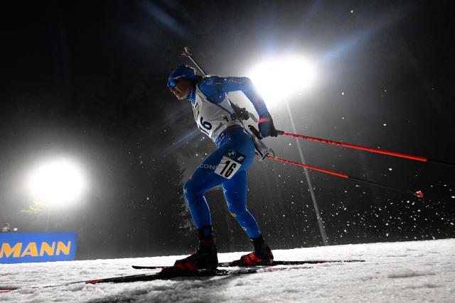 (FILES) Italy's Dorothea Wierer competes during the women's 7,5km sprint event of the IBU Biathlon World Championships in Nove Mesto, Czech Republic on February 9, 2024. Competing in the Olympic Games at home, just a few kilometers from her childhood home, could be the pinnacle of Dorothea Wierer’s career, but the 2026 Olympics may be arriving too late for the 35-year-old Italian biathlete. (Photo by Michal Cizek / AFP)