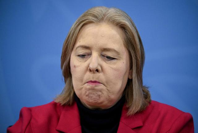 German Minister for Labour and Social Affairs Baerbel Bas attends a press briefing on the results of their overnight coalition committee consultations, on December 11, 2025 at the Chancellery in Berlin. (Photo by Tobias SCHWARZ / AFP)