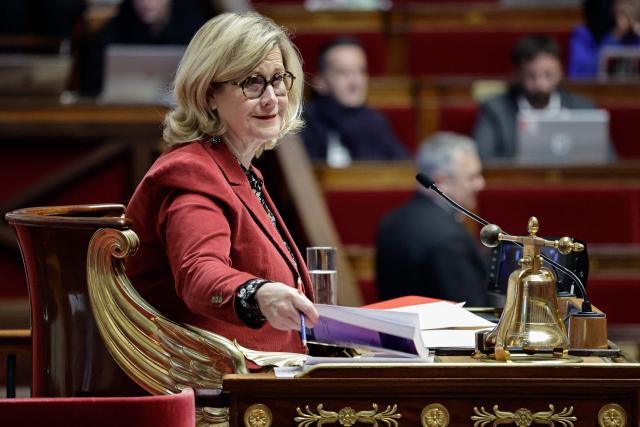 Horizons & Independants' MP and Vice-President of the National Assembly Marie-Agnes Poussier-Winsback looks on during a session of "niche parlementaire" (parliamentary window) of the French left-wing Socialist party (PS) to examine texts placed on the agenda by the party at the National Assembly, France's lower house parliament, in Paris on December 11, 2025. (Photo by STEPHANE DE SAKUTIN / AFP)