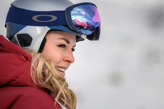 US Lindsey Vonn looks on during an inspection prior to the women's downhill training as part of the FIS Alpine ski World Cup 2025-2026, in St. Moritz, south-eastern Switzerland on December 11, 2025. (Photo by Fabrice COFFRINI / AFP)