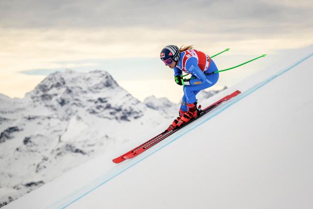 Italy's Sofia Goggia skies during the women's downhill training as part of the FIS Alpine ski World Cup 2025-2026, in St. Moritz, south-eastern Switzerland on December 11, 2025. (Photo by Fabrice COFFRINI / AFP)