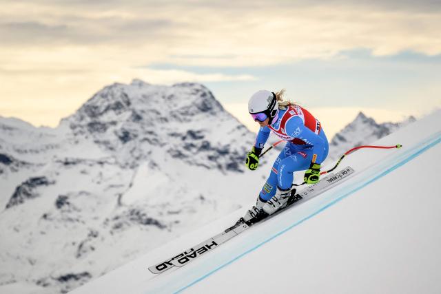 Italy's Laura Pirovano skies during the women's downhill training as part of the FIS Alpine ski World Cup 2025-2026, in St. Moritz, south-eastern Switzerland on December 11, 2025. (Photo by Fabrice COFFRINI / AFP)