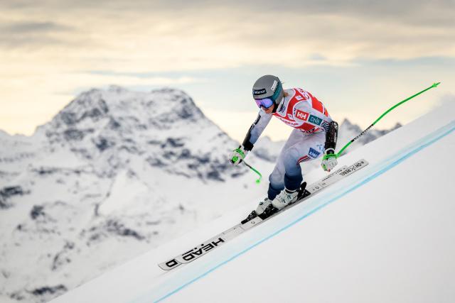 Norway's Kajsa Vickhoff Lie skies during the women's downhill training as part of the FIS Alpine ski World Cup 2025-2026, in St. Moritz, south-eastern Switzerland on December 11, 2025. (Photo by Fabrice COFFRINI / AFP)
