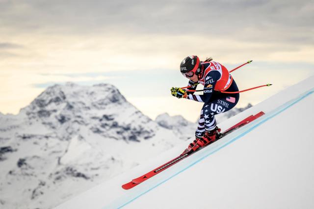 US Breezy Johnson skies during the women's downhill training as part of the FIS Alpine ski World Cup 2025-2026, in St. Moritz, south-eastern Switzerland on December 11, 2025. (Photo by Fabrice COFFRINI / AFP)