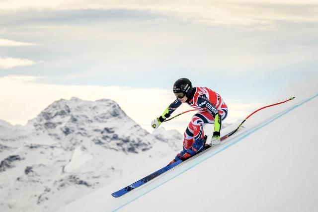 France's Romane Miradoli skies during the women's downhill training as part of the FIS Alpine ski World Cup 2025-2026, in St. Moritz, south-eastern Switzerland on December 11, 2025. (Photo by Fabrice COFFRINI / AFP)