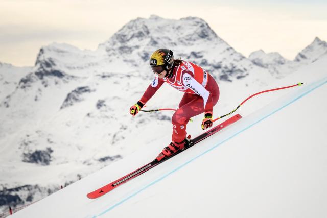 Austria's Christina Ager skies during the women's downhill training as part of the FIS Alpine ski World Cup 2025-2026, in St. Moritz, south-eastern Switzerland on December 11, 2025. (Photo by Fabrice COFFRINI / AFP)