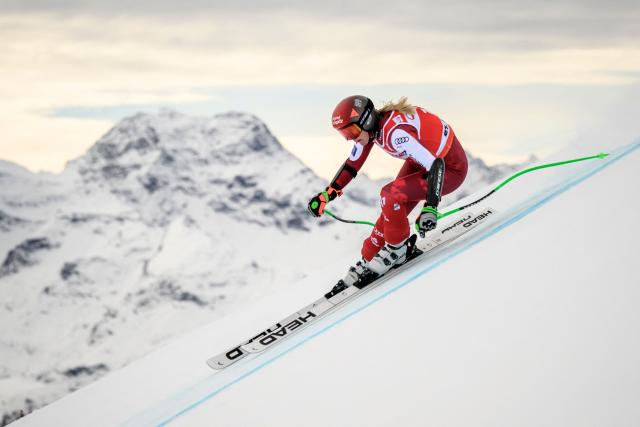 Austria's Cornelia Huetter skies during the women's downhill training as part of the FIS Alpine ski World Cup 2025-2026, in St. Moritz, south-eastern Switzerland on December 11, 2025. (Photo by Fabrice COFFRINI / AFP)