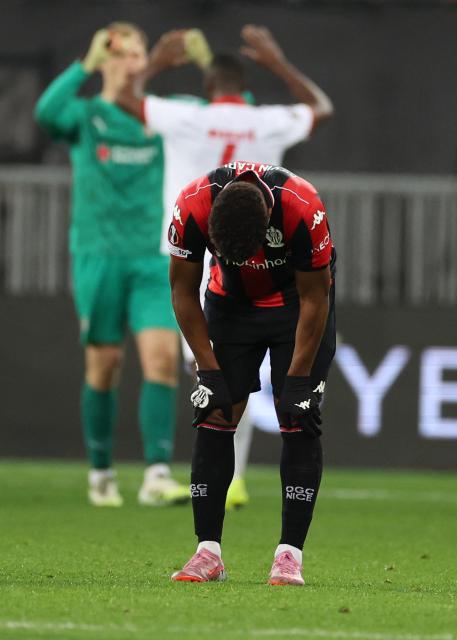 Nice's Spanish forward #90 Kevin Omoruyi reacts at the end of the UEFA Europa League, league phase, football match between Nice and Sporting Braga at the Grand Stade de Nice stadium, on December 11, 2025. (Photo by Valery HACHE / AFP)