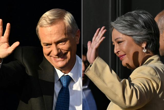 (COMBO) This combination of pictures created on December 11, 2025, shows Chile's presidential candidate Jose Antonio Kast (L) of the Republican Party waving to supporters next to his wife Maria Adriasola during his closing campaign rally in Temuco, Chile on December 11, 2025, and Chile's presidential candidate Jeannette Jara of the Unidad por Chile coalition waving upon her arrival for a debate organised by the Chilean Radio Association (Archi) in Santiago, on December 3, 2025. The second round of the Chilean presidential election on December 14 will pit two candidates against each other who are diametrically opposed: Jeannette Jara, the representative of a broad left-wing coalition with modest origins, and the far-right leader Jose Antonio Kast, an ultraconservative Catholic determined to massively expel undocumented migrants. (Photo by EITAN ABRAMOVICH and RODRIGO ARANGUA / AFP)