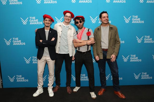 (L/R) CTO and co-founder of Sandfall Interactive Tom Guillermin, Sandfall Interactive Art Director Nicholas Maxson-Francombe, CEO, Creative Director, and Co-Founder of Sandfall Interactive Guillaume Broche and Co-Founder and Producer of Sandfall Interactive Francois Meurisse arrive to attend The Game Awards at the Peacock Theater in Los Angeles, California, on December 11, 2025. (Photo by Michael Tran / AFP)