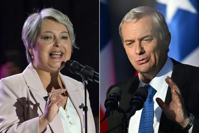 (COMBO) This combination of pictures created on December 11, 2025, shows Chile's presidential candidate Jeannette Jara (L) of the Unidad por Chile coalition speaking during her closing campaign rally in Santiago on December 10, 2025, and Chile's presidential candidate Jose Antonio Kast of the Republican Party speaking next to his wife Maria Adriasola during his closing campaign rally in Temuco, Chile on December 11, 2025. The second round of the Chilean presidential election on December 14 will pit two candidates against each other who are diametrically opposed: Jeannette Jara, the representative of a broad left-wing coalition with modest origins, and the far-right leader Jose Antonio Kast, an ultraconservative Catholic determined to massively expel undocumented migrants. (Photo by Rodrigo ARANGUA and EITAN ABRAMOVICH / AFP)