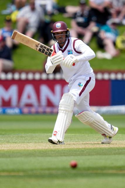 West Indies' Tevin Imlach plays a shot during day three of the 2nd international Test cricket match between New Zealand and West Indies at the Basin reserve in Wellington on December 12, 2025. (Photo by Marty MELVILLE / AFP)