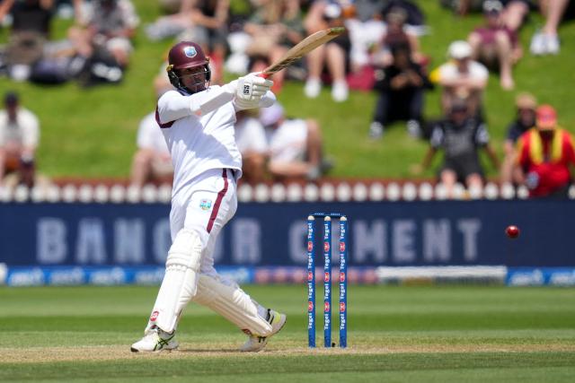 West Indies' Tevin Imlach plays a shot during day three of the 2nd international Test cricket match between New Zealand and West Indies at the Basin reserve in Wellington on December 12, 2025. (Photo by Marty MELVILLE / AFP)
