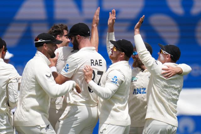 New Zealand's  players celebrate West Indies's Justin Greaves being caught with LBW during day three of the 2nd international Test cricket match between New Zealand and West Indies at the Basin reserve in Wellington on December 12, 2025. (Photo by Marty MELVILLE / AFP)