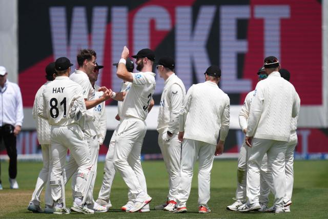 New Zealand's  players celebrate West Indies's Justin Greaves being caught with LBW during day three of the 2nd international Test cricket match between New Zealand and West Indies at the Basin reserve in Wellington on December 12, 2025. (Photo by Marty MELVILLE / AFP)