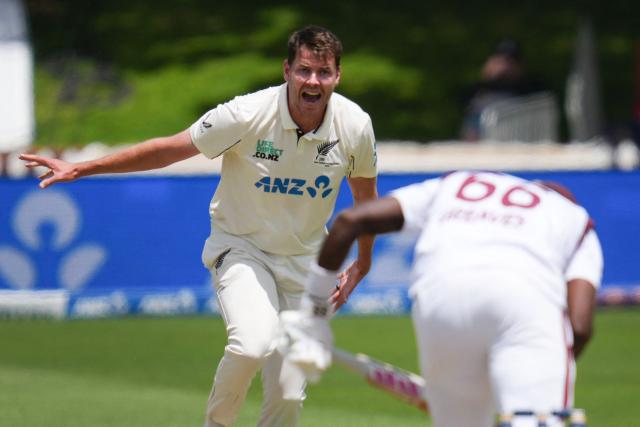 New Zealand Jacob Duffy (L) appeals for a LBW call on West Indies' Justin Greaves (R) during day three of the 2nd international Test cricket match between New Zealand and West Indies at the Basin reserve in Wellington on December 12, 2025. (Photo by Marty MELVILLE / AFP)