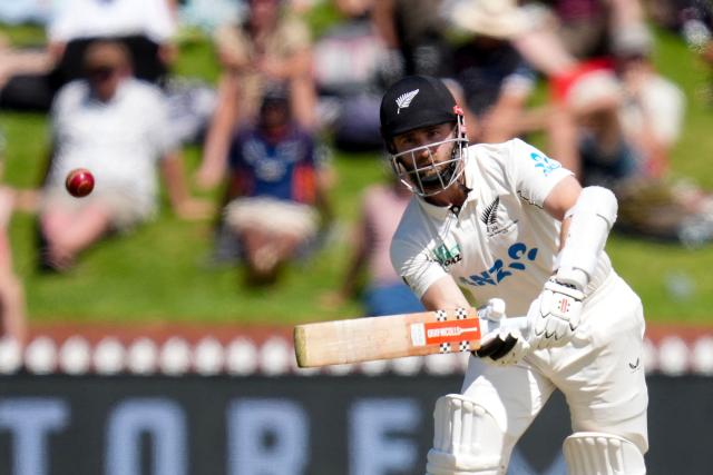 New Zealand's Kane Williamson plays a shot during day three of the 2nd international Test cricket match between New Zealand and West Indies at the Basin reserve in Wellington on December 12, 2025. (Photo by Marty MELVILLE / AFP)