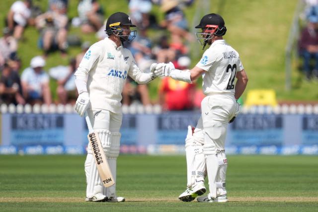 New Zealand's Devon Conway (L) celebrates a four with teammate Kane Williamson during day three of the 2nd international Test cricket match between New Zealand and West Indies at the Basin reserve in Wellington on December 12, 2025. (Photo by Marty MELVILLE / AFP)