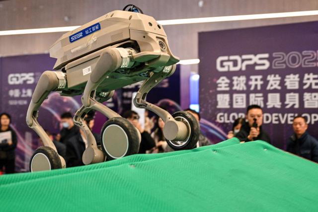 A remote-controlled robot trips and falls while passing over obstacles at the Global Developer Pioneers Summit in Shanghai on December 12, 2025. (Photo by Hector RETAMAL / AFP)