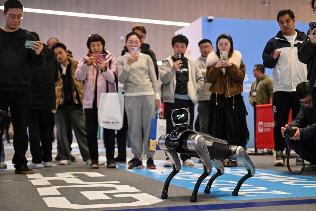 A remote-controlled robot is seen at the Global Developer Pioneers Summit in Shanghai on December 12, 2025. (Photo by Hector RETAMAL / AFP)