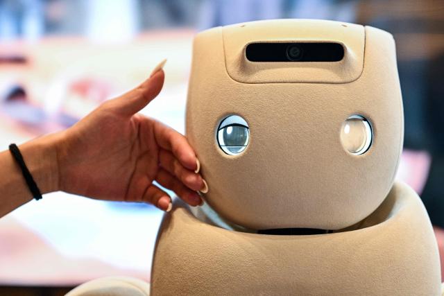 A woman touches a Fourier GR-3 humanoid robot by Fourier-Robotics at the Global Developer Pioneers Summit in Shanghai on December 12, 2025. (Photo by Hector RETAMAL / AFP)