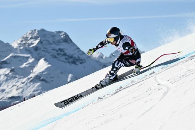 US Lindsey Vonn competes in the women's downhill race part of the FIS Alpine Ski World Cup 2025-2026, in St Moritz, south-eastern Switzerland on December 12, 2025. (Photo by Fabrice COFFRINI / AFP)