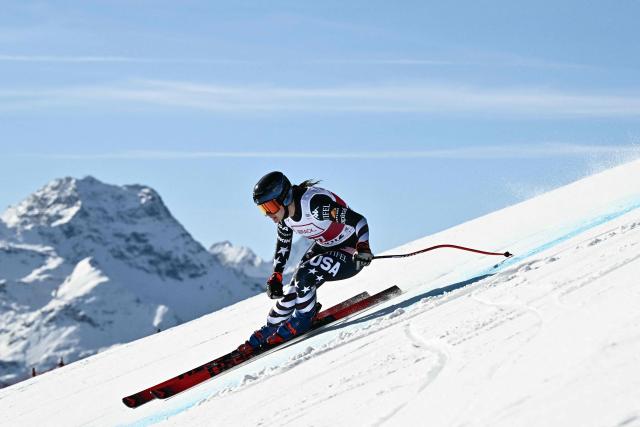 US Jacqueline Wiles competes in the women's downhill race part of the FIS Alpine Ski World Cup 2025-2026, in St Moritz, south-eastern Switzerland on December 12, 2025. (Photo by Fabrice COFFRINI / AFP)