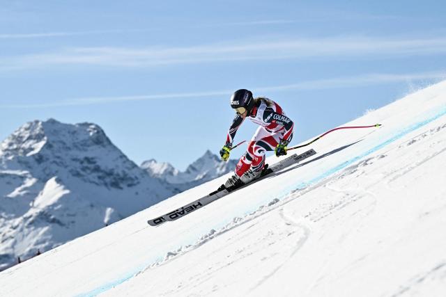 France's Laura Gauche competes in the women's downhill race part of the FIS Alpine Ski World Cup 2025-2026, in St Moritz, south-eastern Switzerland on December 12, 2025. (Photo by Fabrice COFFRINI / AFP)