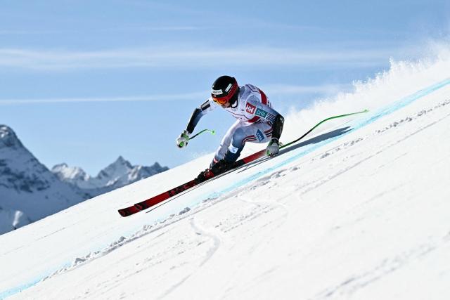 Norway's Marte Monsen competes in the women's downhill race part of the FIS Alpine Ski World Cup 2025-2026, in St Moritz, south-eastern Switzerland on December 12, 2025. (Photo by Fabrice COFFRINI / AFP)