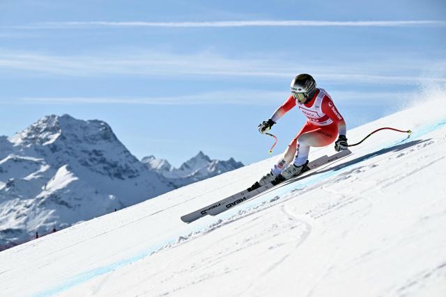 Switzerland's Delia Durrer competes in the women's downhill race part of the FIS Alpine Ski World Cup 2025-2026, in St Moritz, south-eastern Switzerland on December 12, 2025. (Photo by Fabrice COFFRINI / AFP)