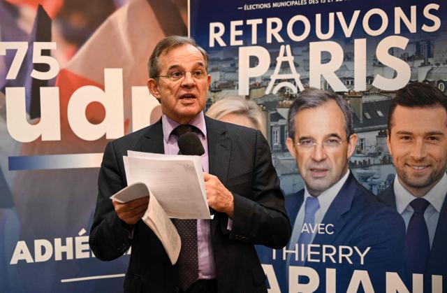 France's far-right Rassemblement National (RN) MEP Thierry Mariani addresses media during a press conference held as a candidate for the upcoming 2026 municipal elections, in Paris on December 12, 2025. (Photo by Bertrand GUAY / AFP)