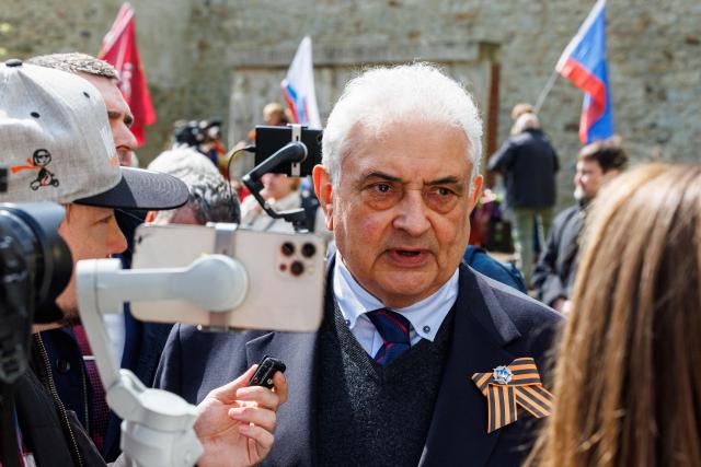(FILES) Russia's Ambassador to Germany Sergey Nechayev gives a interview after the commemorative event for the 80th anniversary of the meeting between US and Soviet troops at the Elbe river, in Torgau, eastern Germany, on April 25, 2025. Germany said on December 12, 2025 it had identified two Russian cyber operations, targeting air traffic control and 2025 February's general election, adding that the Russian ambassador had been summoned. A foreign ministry spokesman said: "We can now clearly attribute the cyberattack against German Air Safety in August 2024 to the hacker collective APT28, also known as Fancy Bear." (Photo by JENS SCHLUETER / AFP)