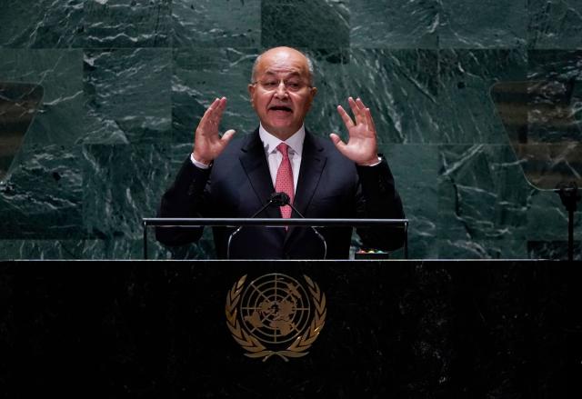 (FILES) Iraqi President Barham Salih addresses the 76th UN General Assembly in New York City on September 23, 2021. Former Iraqi president Barham Salih will become the next United Nations High Commissioner for Refugees from January 2026, a UN source told AFP on December 12, 2025. Salih was president of Iraq from 2018 to 2022. (Photo by TIMOTHY A. CLARY / POOL / AFP)