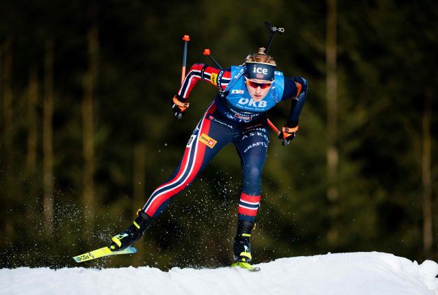Second placed Norway's Maren Kirkeeide competes during the women's 7,5km sprint event of the IBU Biathlon World Cup in Hochfilzen, Austria on December 12, 2025. (Photo by GEORG HOCHMUTH / APA / AFP) / Austria OUT