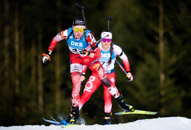 Austria's Anna Juppe (L) competes during the women's 7,5km sprint event of the IBU Biathlon World Cup in Hochfilzen, Austria on December 12, 2025. (Photo by GEORG HOCHMUTH / APA / AFP) / Austria OUT