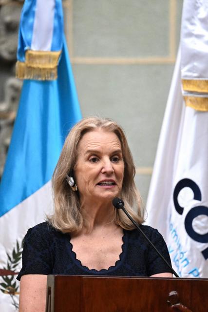 US activist and president of the Robert & Ethel Kennedy Human Rights Center, Kerry Kennedy, speaks during a ceremony in which Guatemala's President Bernardo Arevalo issued a public apology on behalf of the state for the forced disappearance of four human rights defenders by the army in 1989, at the Culture Palace in Guatemala City on December 12, 2025. (Photo by Johan ORDÓÑEZ / AFP)