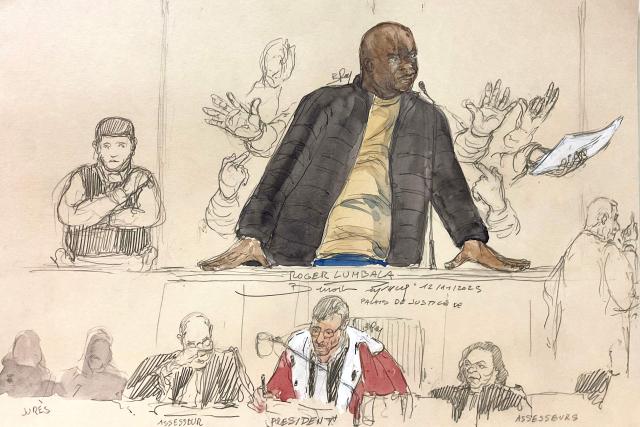 (FILES) This court sketch made on November 12, 2025 shows former Congolese rebel leader Roger Lumbala during his trial at the Assize Court in Paris. French prosecutors on December 12, 2025 sought a maximum sentence of life in prison for a former rebel leader accused of being one of the masterminds of atrocities in the Second Congo War. Roger Lumbala, 67, is on trial in Paris accused of complicity in crimes against humanity during the 1998-2003 conflict. He denies the charges. (Photo by Benoit PEYRUCQ / AFP)