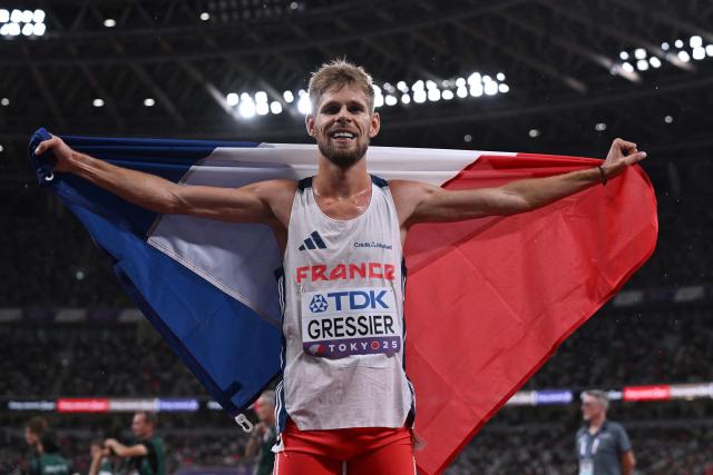 (FILES) Bronze medallist France's athlete Jimmy Gressier reacts after the men's 5000m final during the World Athletics Championships in Tokyo on September 21, 2025. Three months after winning the world title in the 10,000 meters, French long-distance runner Jimmy Gressier will be competing on December 14, 2025 for a title he has long dreamed of: the European Cross Country Championships, which are being held in Lagoa, Portugal. (Photo by Jewel SAMAD / AFP)
