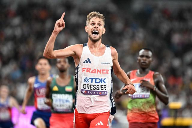 (FILES) First placed France's athlete Jimmy Gressier celebrates after winning the men's 10000m final during the World Athletics Championships in Tokyo on September 14, 2025. Three months after winning the world title in the 10,000 meters, French long-distance runner Jimmy Gressier will be competing on December 14, 2025 for a title he has long dreamed of: the European Cross Country Championships, which are being held in Lagoa, Portugal. (Photo by Jewel SAMAD / AFP)