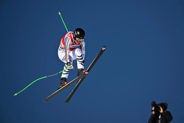 Germany's Kira Weidle-Winkelmann competes in the women's downhill race during the FIS Alpine Ski World Cup 2025-2026, in St Moritz, south-eastern Switzerland on December 13, 2025. (Photo by Fabrice COFFRINI / AFP)