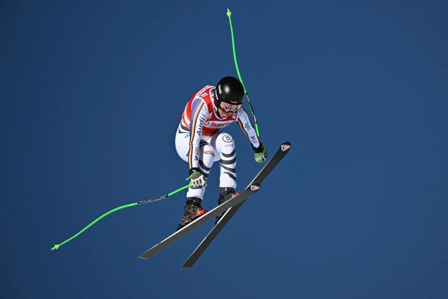 Germany's Kira Weidle-Winkelmann competes in the women's downhill race during the FIS Alpine Ski World Cup 2025-2026, in St Moritz, south-eastern Switzerland on December 13, 2025. (Photo by Fabrice COFFRINI / AFP)