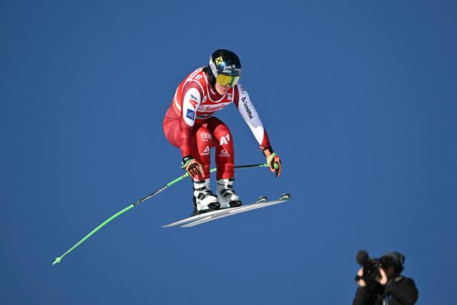 Austria's Magdalena Egger competes in the women's downhill race during the FIS Alpine Ski World Cup 2025-2026, in St Moritz, south-eastern Switzerland on December 13, 2025. (Photo by Fabrice COFFRINI / AFP)