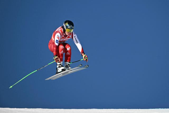 Austria's Magdalena Egger competes in the women's downhill race during the FIS Alpine Ski World Cup 2025-2026, in St Moritz, south-eastern Switzerland on December 13, 2025. (Photo by Fabrice COFFRINI / AFP)
