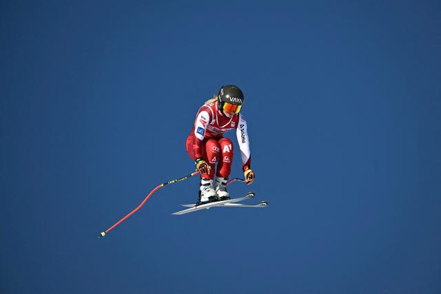 Austria's Ariane Raedler competes in the women's downhill race during the FIS Alpine Ski World Cup 2025-2026, in St Moritz, south-eastern Switzerland on December 13, 2025. (Photo by Fabrice COFFRINI / AFP)