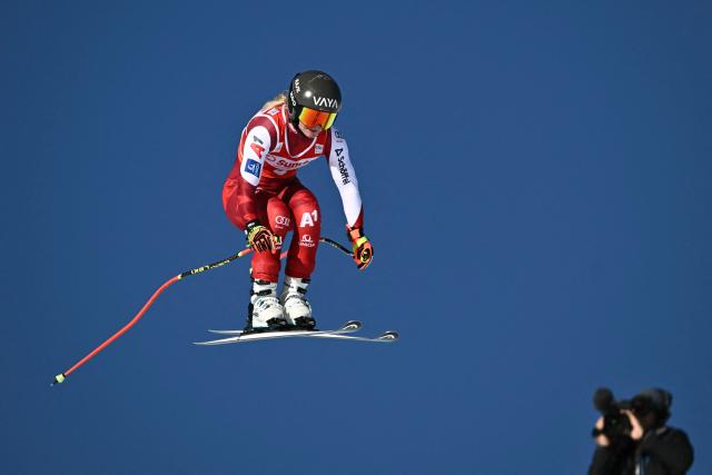 Austria's Ariane Raedler competes in the women's downhill race during the FIS Alpine Ski World Cup 2025-2026, in St Moritz, south-eastern Switzerland on December 13, 2025. (Photo by Fabrice COFFRINI / AFP)